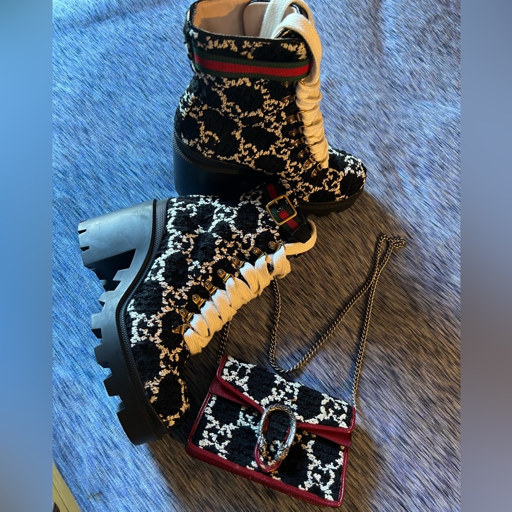 Gucci tweed boots and bag